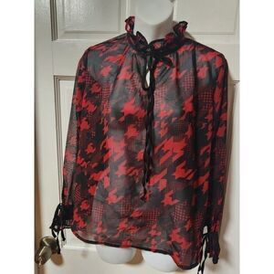 Women's  Casual Allover Print Lantern Long Sleeve Shirt Medium Red/Black